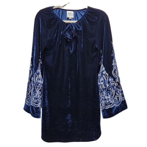 Misa Los Angeles Luca Midnight Blue Velvet Embroidered Sleeves Shift Dress, XS - Picture 3 of 13